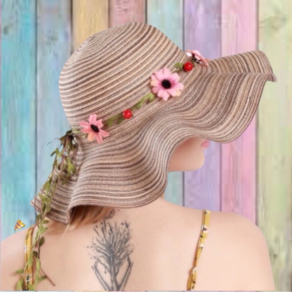 Accessories - Khaki Boho Flower Pink Decor Floppy Sun Hat